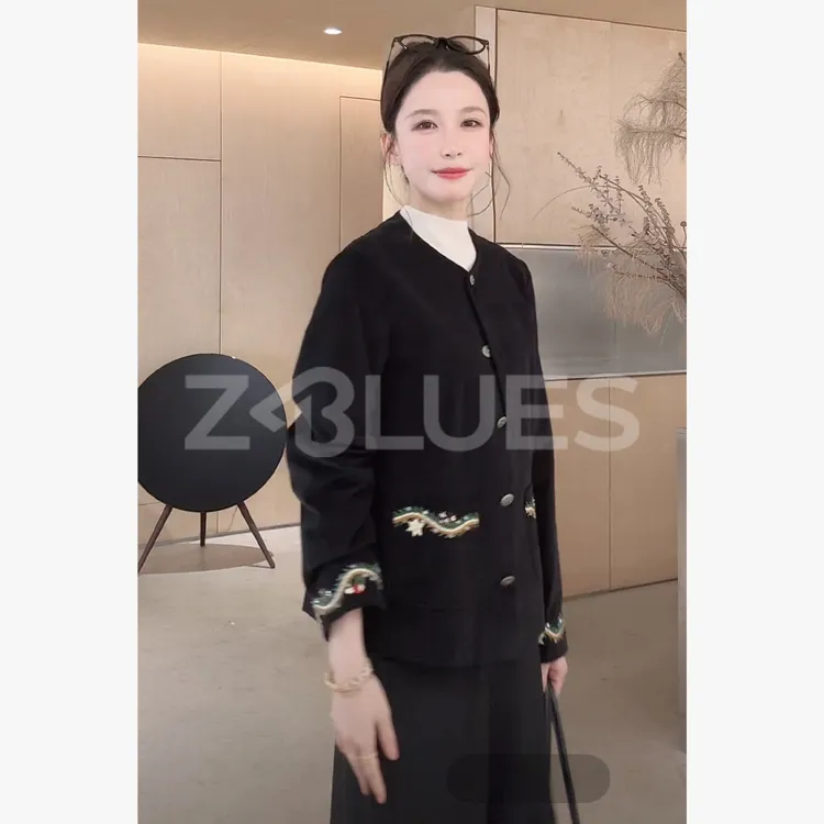 Z.blues【手绣精品线】艺术般重工刺绣钉珠圆领黑外套YZLHKZ0145