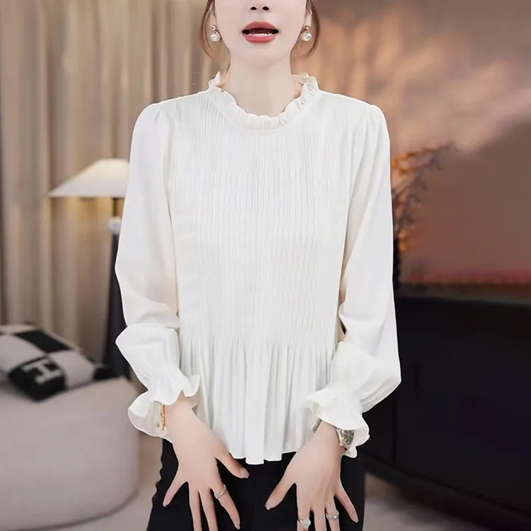 2025秋季新款女法式衬衫木耳边立领高级感洋气减龄显瘦打底上衣