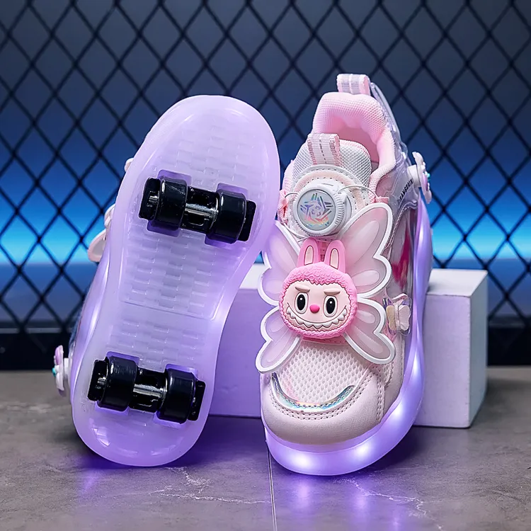 拉布布女童暴走鞋小女孩鞋4轮爆走鞋5-9网面可发光轮滑两穿运动鞋