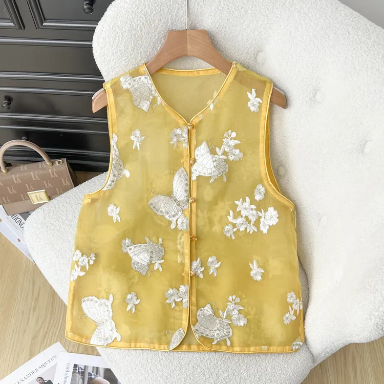 【运费补贴】-金蝶-春夏新中式中国风蝴蝶刺绣气质微透圆领马甲0445