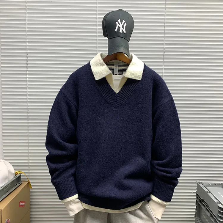 假两件POLO领简约纯色毛衣外套男士秋冬新款潮流百搭慵懒风针织衫