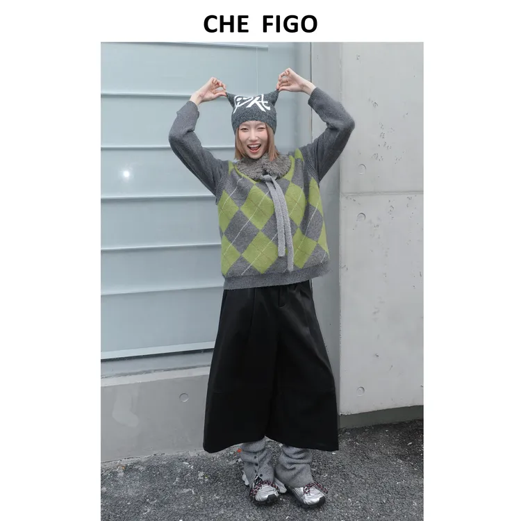 CHEFIGO绵羊毛格纹马甲
