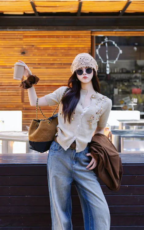 SISTER姐妹家重工手工订珠刺绣针织开衫水洗复古宽松显瘦牛仔裤女