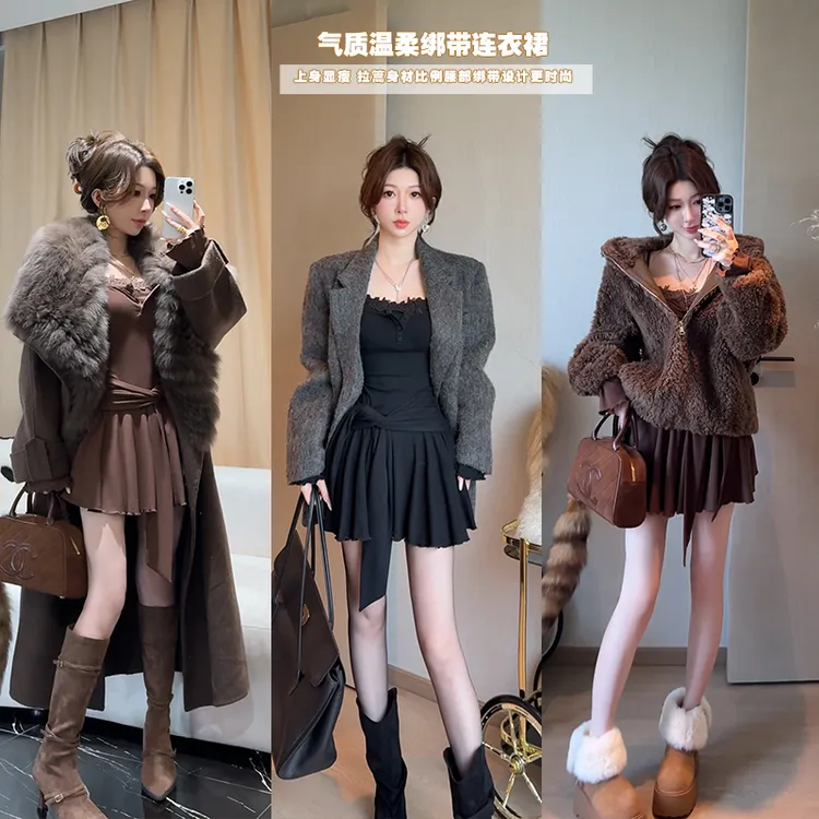 小雨姐姐【赴约战服】时尚修身显瘦假两件绑带连衣裙女冬季2025新款