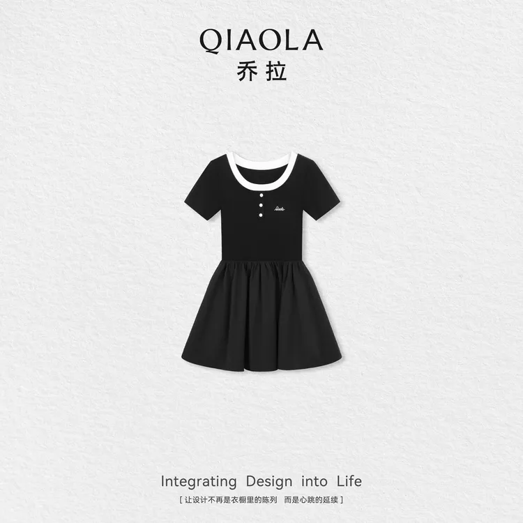 QIAOLA/乔拉【告白讯息】秋季新款黑白撞色U型领简约连衣裙预售