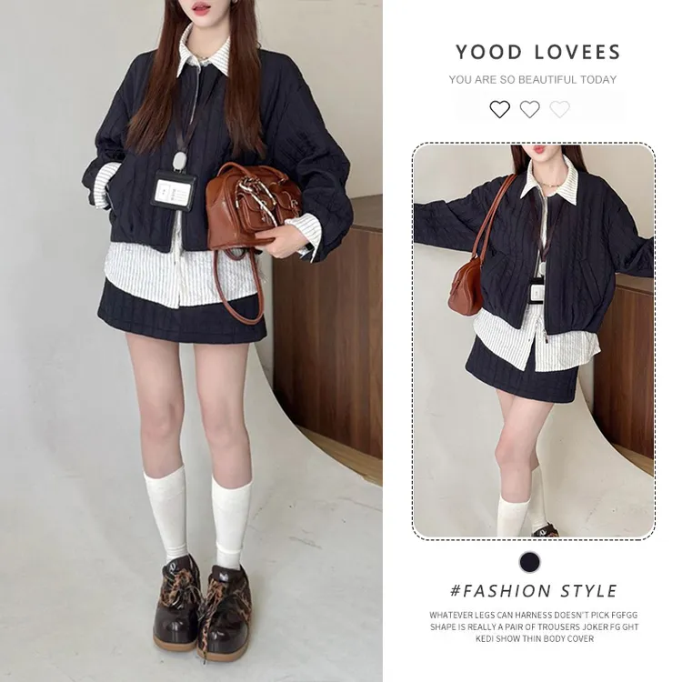 美式高级感翻领假两件棉服短裙2025冬新款宽松显瘦小个子两件套装