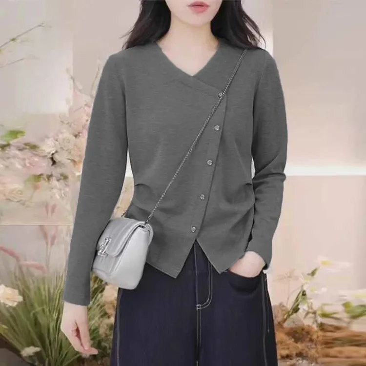 高含棉设计感v领长袖t恤女2025年春秋季新款胖mm遮肚显瘦休闲上衣