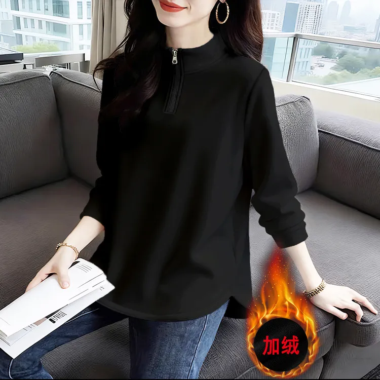 秋冬立领半高领打底衫女内搭可外穿大码显瘦遮肉半拉链正肩上衣女