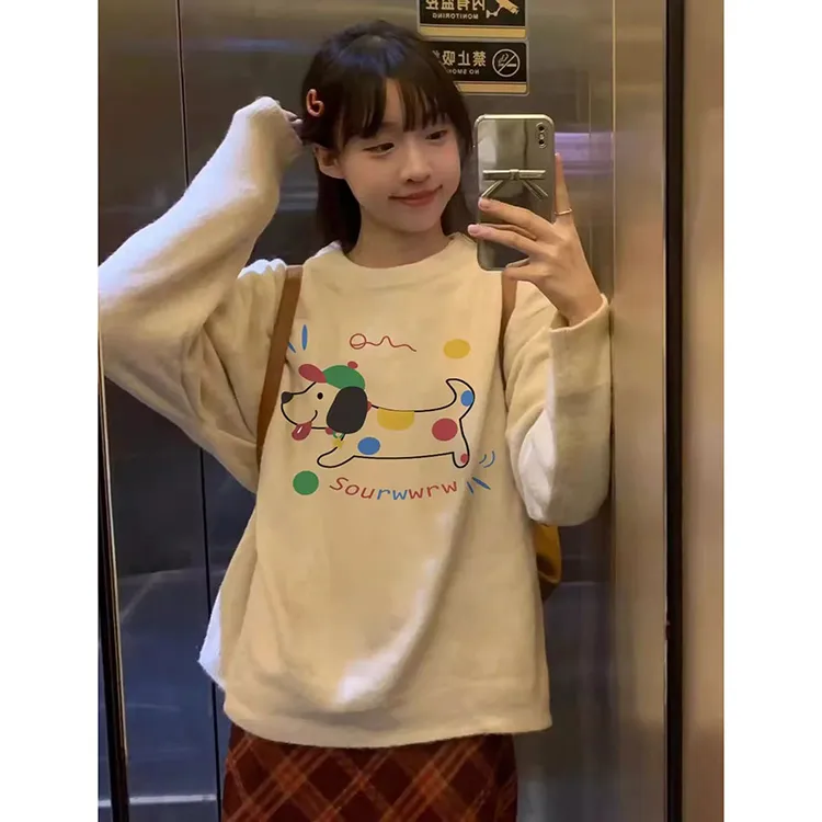 胖MM特大码300斤软糯慵懒风圆领毛衣女秋冬可爱小狗印花针织上衣