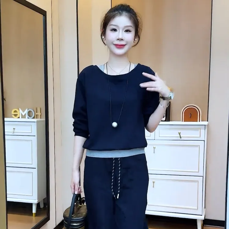 时尚休闲套装女2025秋季新款洋气显瘦遮肉假两件卫衣阔腿裤两件套