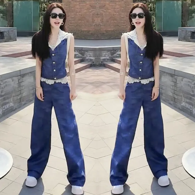欧货休闲牛仔套装女2025夏季新款时尚显瘦蕾丝连帽无袖马甲两件套
