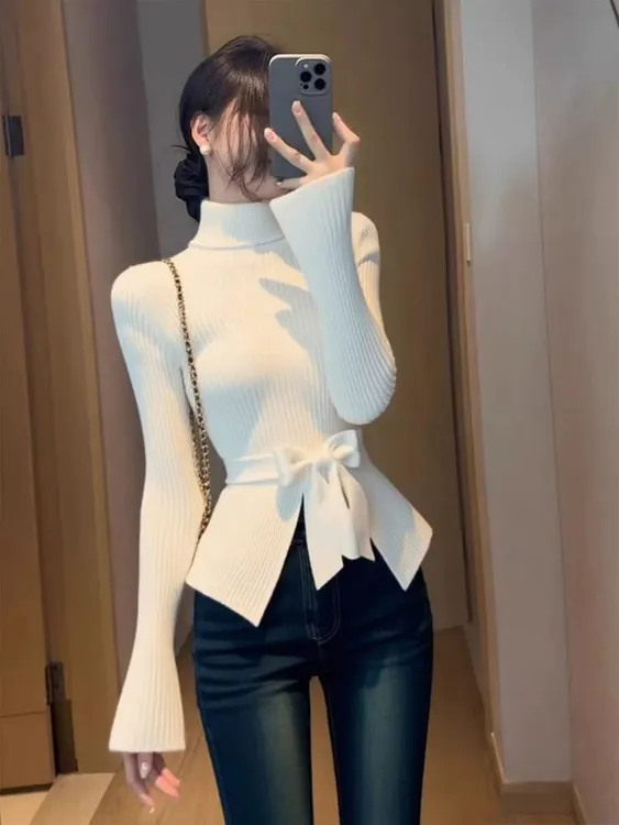 SS5071新款秋冬纯色半高领设计感长袖开叉上衣