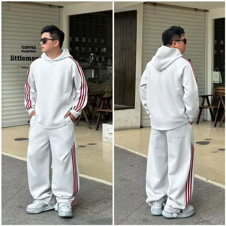秋冬美式三条杠撞色连帽运动套装百搭宽松套头卫衣休闲长裤套装