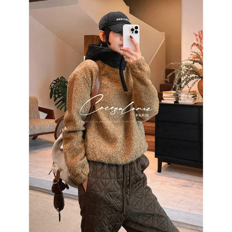 韩彬彬"大娥"加厚保暖菱形绗缝领半开襟羊毛复古连帽卫衣3313-8