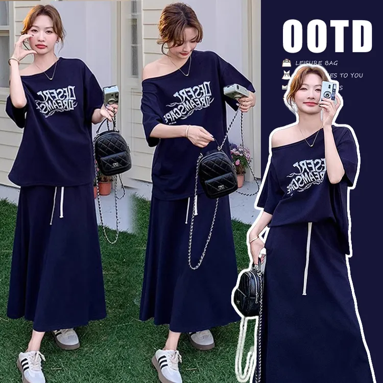 2025新款夏装孕妇装洋气时髦露肩印花休闲上衣气质百搭半身裙套装