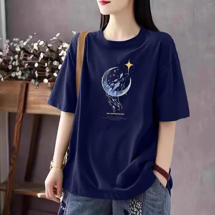 纯棉夏装短袖女t恤上衣宽松印花新款休闲时尚显瘦圆领半袖大码女