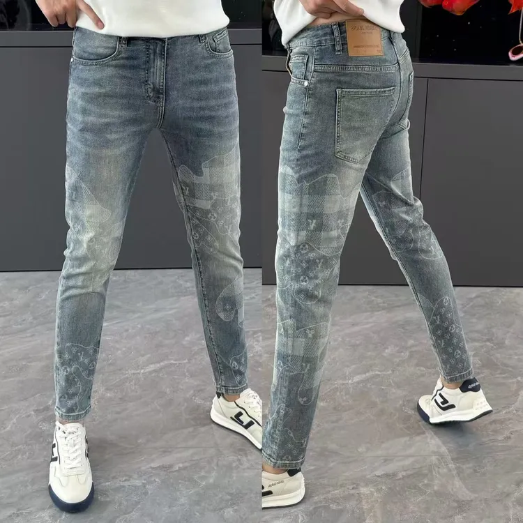 男士长裤夏季新款牛仔裤男个性时尚潮流印花小脚裤男修身弹力亲肤