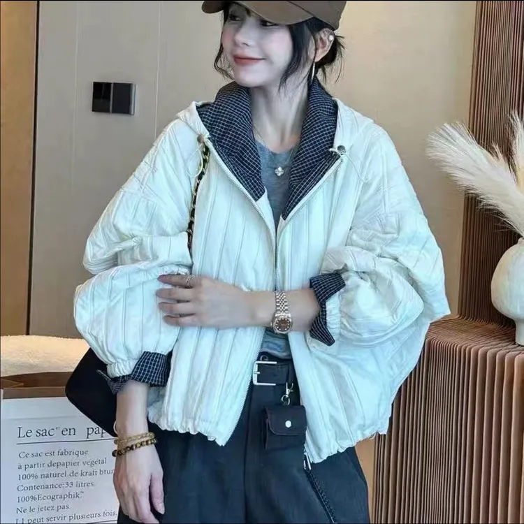 欧货撞色薄款二夹棉衣外套女2025秋冬新款连帽宽松休闲棉服女夹克