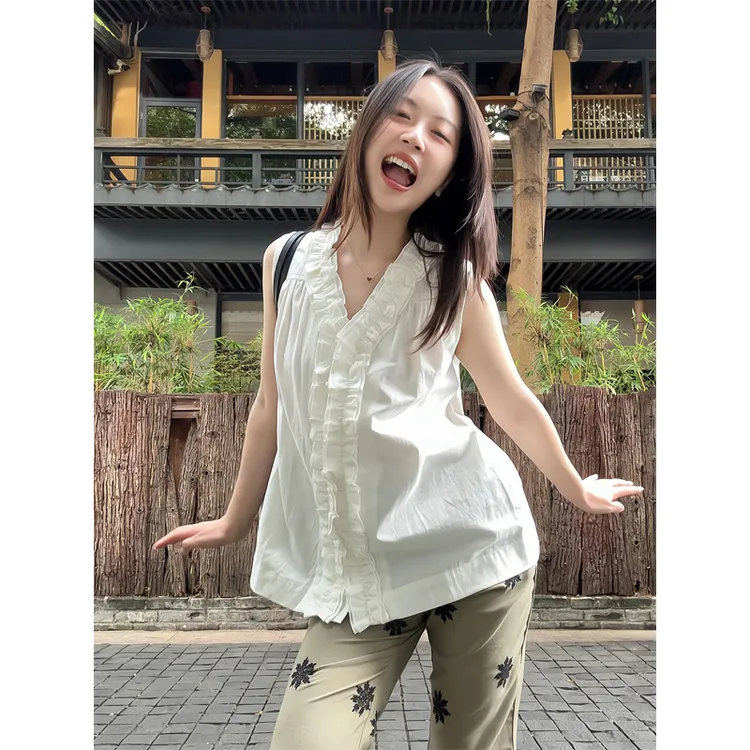 高级感木耳边衬衫女夏季无袖V领背心衬衣上衣抽绳高腰直筒休闲裤
