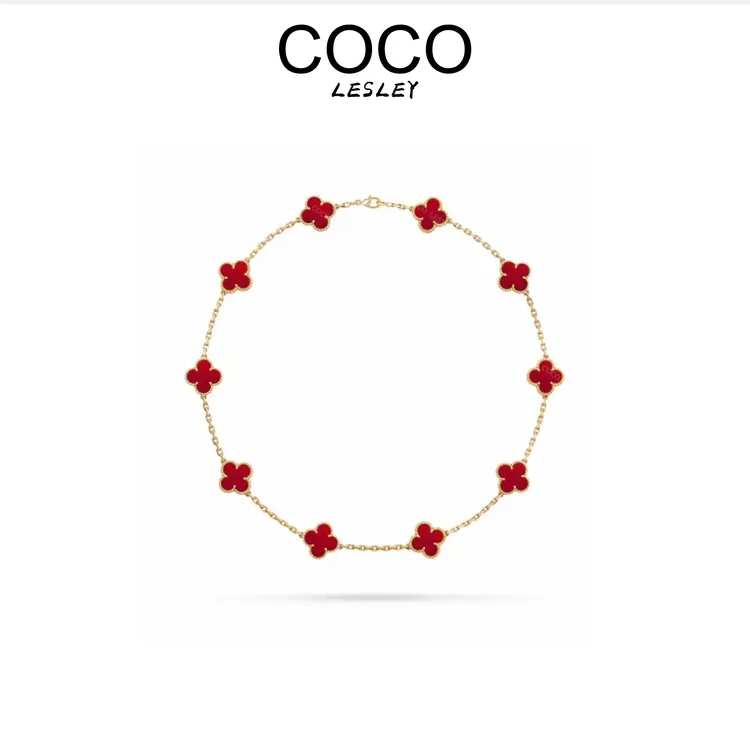 镀K金四叶草2025年新款十花红色18K镀金项链-1004