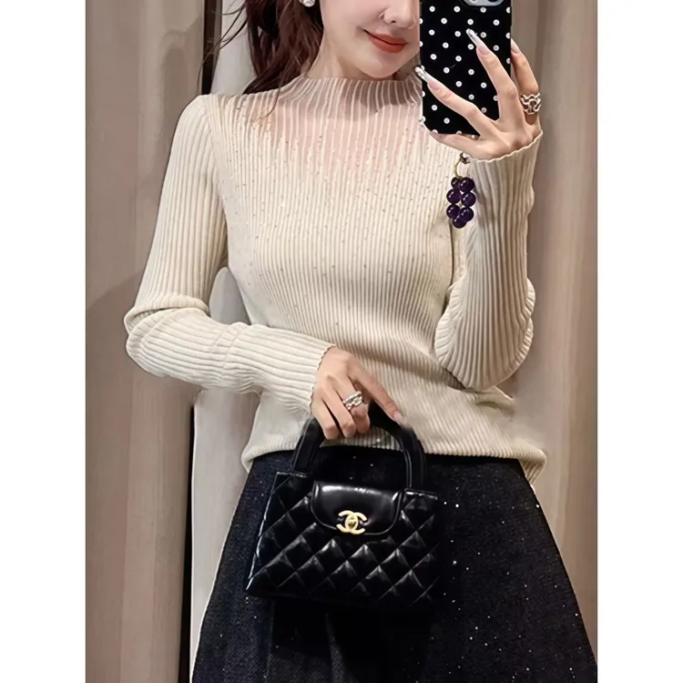 【浅浅专属】气质拼接网纱半高领烫钻针织打底衫女内搭显瘦长袖上衣