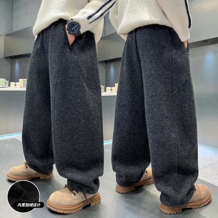 男童加绒呢子裤冬季2025新款帅气儿童运动裤冬装中大童休闲弯刀裤