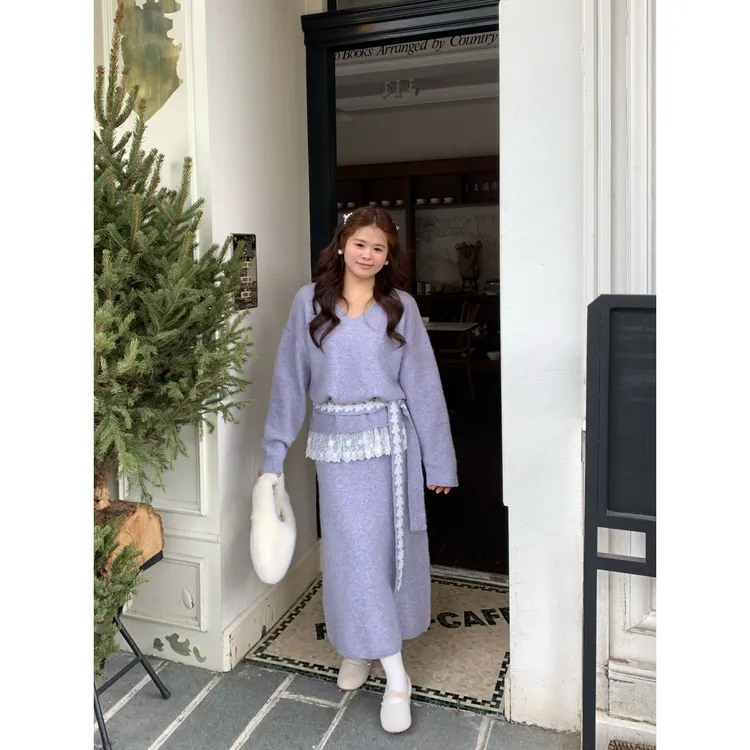 【 铃兰与鸢尾】大头婷微胖定制v领蕾丝温柔风紫色毛衣套装 ZX371