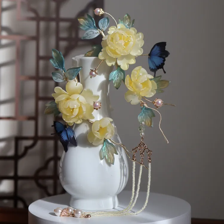 原创 镜花眠 琉璃簪花流苏发饰汉服配饰古风发饰