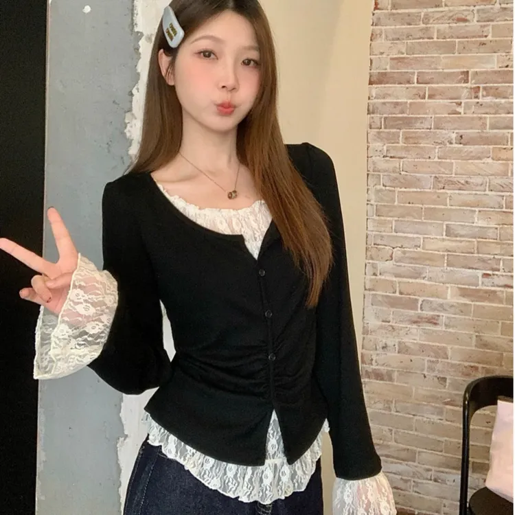 【运补6-8米】【现货】黑色假两件长袖T恤女秋季2025新款上衣大码胖mm