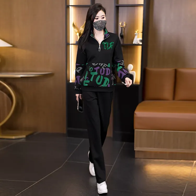 2025秋新款运动休闲立领时尚宽松显瘦印花上衣长裤两件套大码女装
