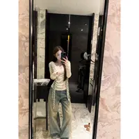 一只雪雪【奶钱少女】新款秋季气质韩版V领带披肩针织打底上衣