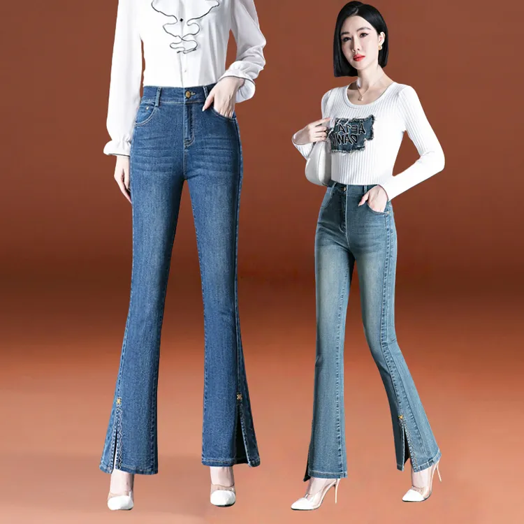 哥弟阿玛施正品弹力显瘦微喇牛仔裤女春秋2025新款时尚开叉喇叭裤