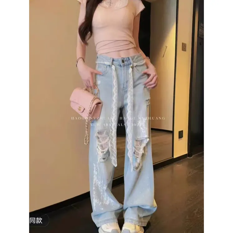都市气质做旧弹力阔腿牛仔裤女2025春夏新款蓝色时尚设计感直筒裤