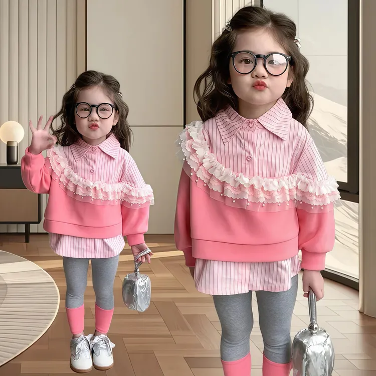 女童春装衬衫套装儿童韩版春秋款长袖洋气时髦女宝宝打底裤两件套