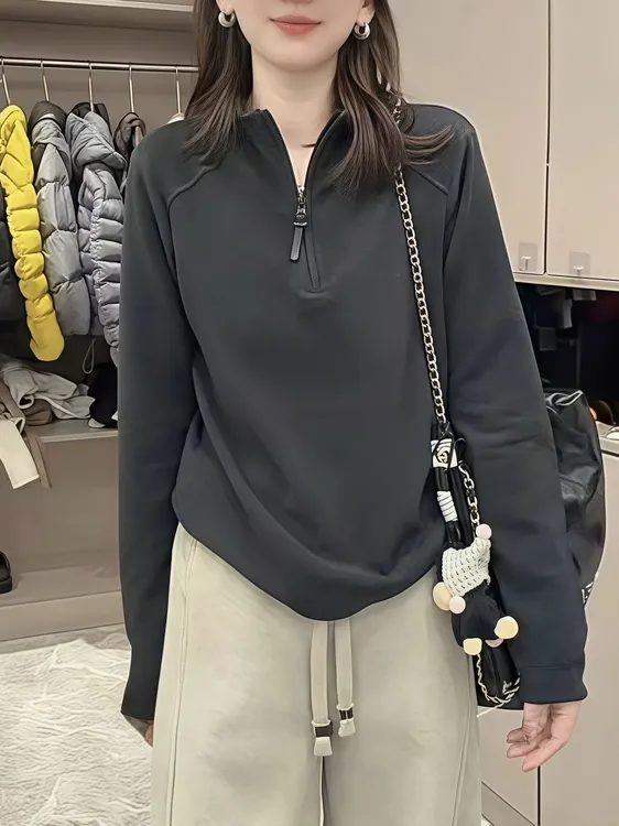 高级感德绒半拉链卫衣女网红老钱风女百搭立领保暖上衣纯色打底衫
