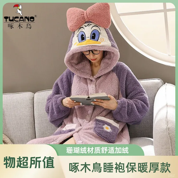 啄木鸟唐老鸭睡袍珊瑚绒睡衣女秋冬季加绒加厚长款睡袍睡裙家居服