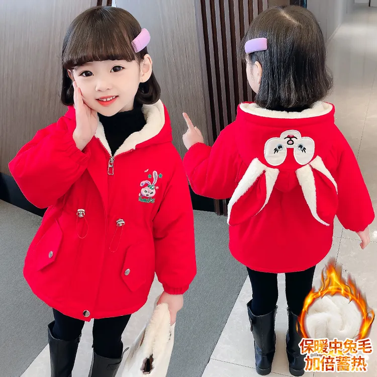 女童加绒外套冬季2024新款派克服冬装加厚棉服女宝宝洋气儿童棉衣