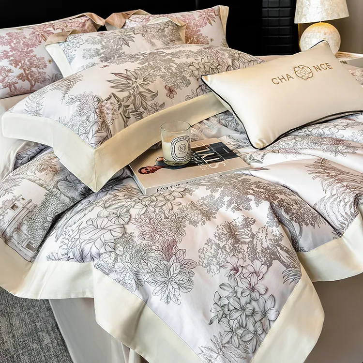 轻奢风A类贡缎长绒棉四件套纯棉100全棉数码印花被套高级床上用品