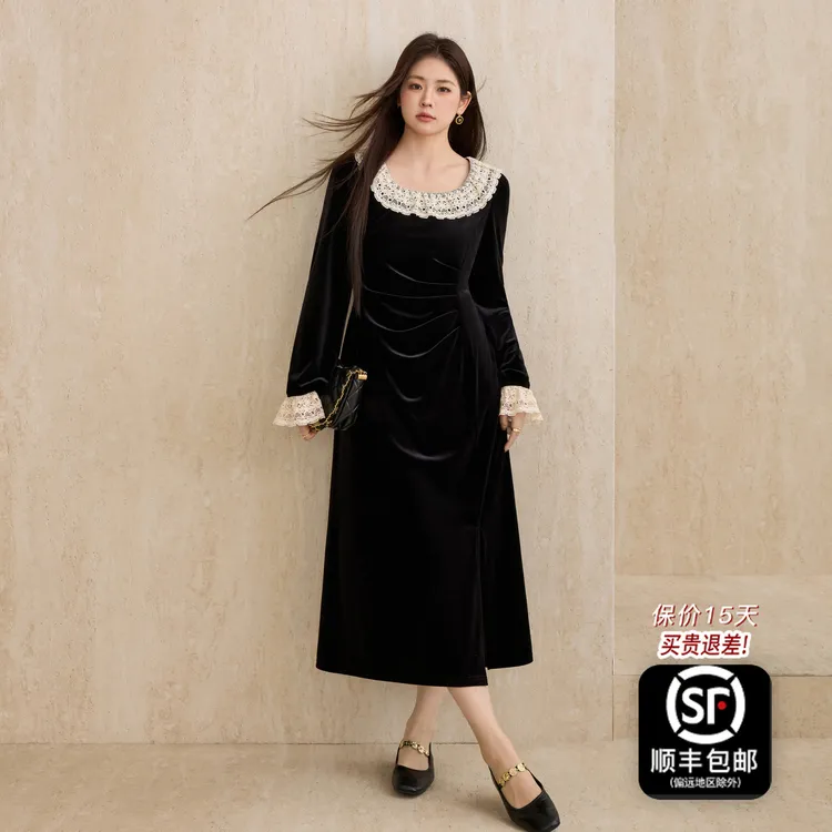 蓝语大码女装法式优雅蕾丝拼接连衣裙2025秋冬新款黑色收腰丝绒裙