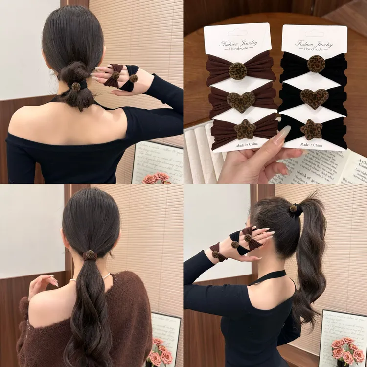 韩系植绒豹纹发圈女高级感球球毛巾圈秋冬复古头绳百搭低马尾皮筋