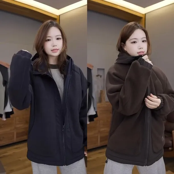 秋冬季新款双面绒加厚保暖防风夹克外套情侣款连帽轻奢高级感外套