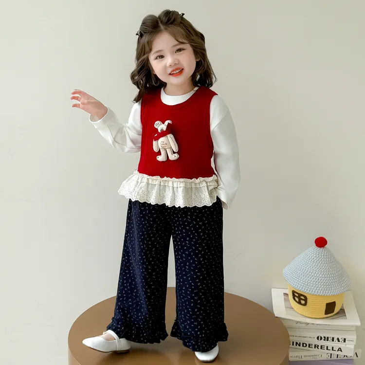 女童春秋款套装女宝时髦针织马甲打底衫喇叭裤三件套小女孩秋装潮