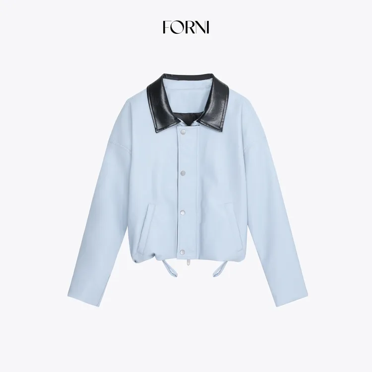FORNI 冰皮蓝宝石 微光泽感油蜡解构撞色拼接PU皮衣廓形夹克外套