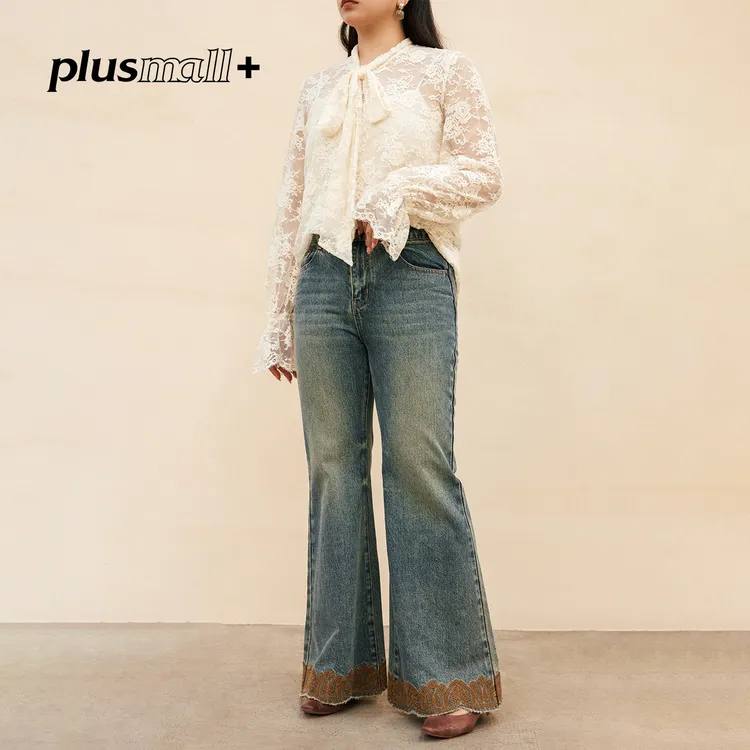 PLUSMALL千禧辣妹 弹力抓毛水洗磨色绣花磨毛微喇牛仔裤PM2510006