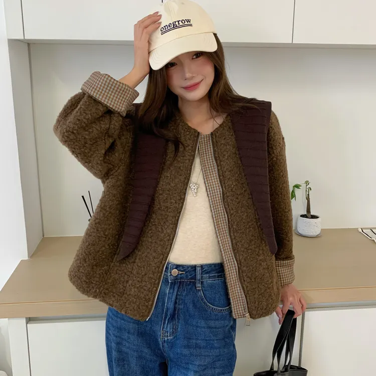 女复古毛绒短外套常规款宽松秋季短款圆领拉链拼接格子披肩两件套