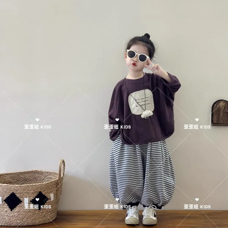 女童套装2025秋季新款儿童卡通休闲上衣女宝条纹宽松收脚裤两件套