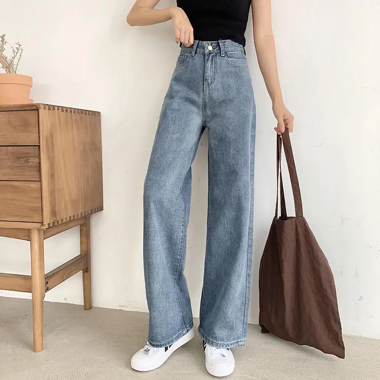 磨毛新塘牛仔裤牛仔阔腿裤女高腰坠感直筒拖地垂感显瘦泫雅直筒裤