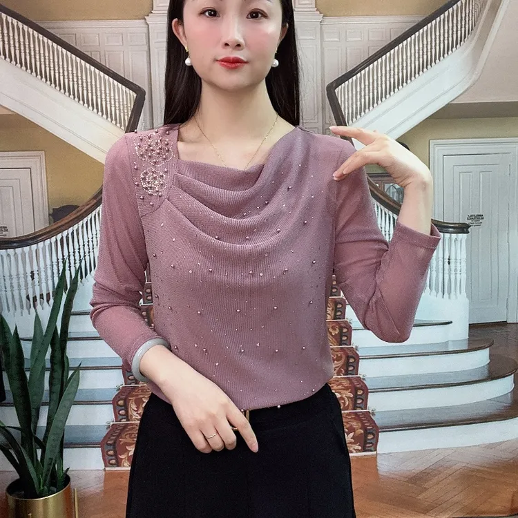 2025年春季新款时尚显瘦钉珠堆堆领长袖女士上衣打底衫018