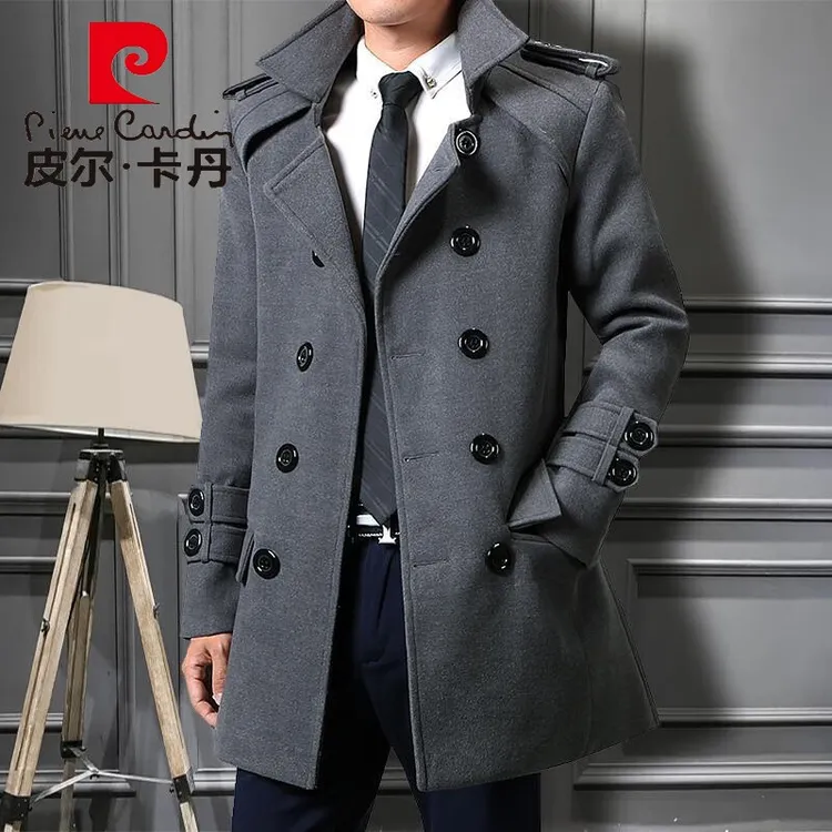 皮尔卡丹2024秋冬季新款男士风衣修身韩版潮大衣毛呢双排扣青年厚