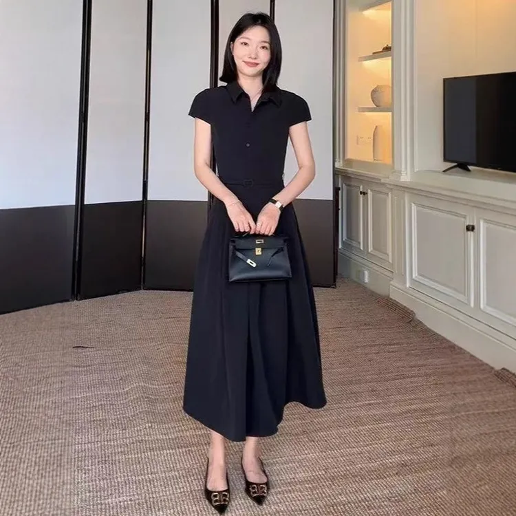 新款气质通勤领简约收腰显瘦连衣裙夏季新款长裙送腰带连衣裙夏季